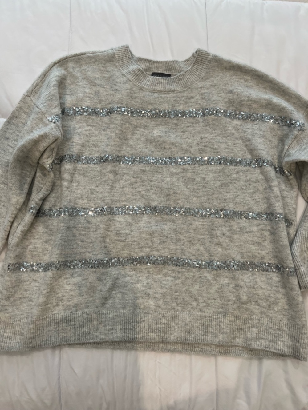 Vince Camuto Gray Sequin Stripe Crewneck Sweater size large
